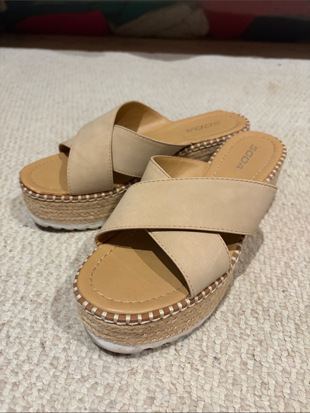 Soda Beige Crisscross Espadrille Wedge Slides